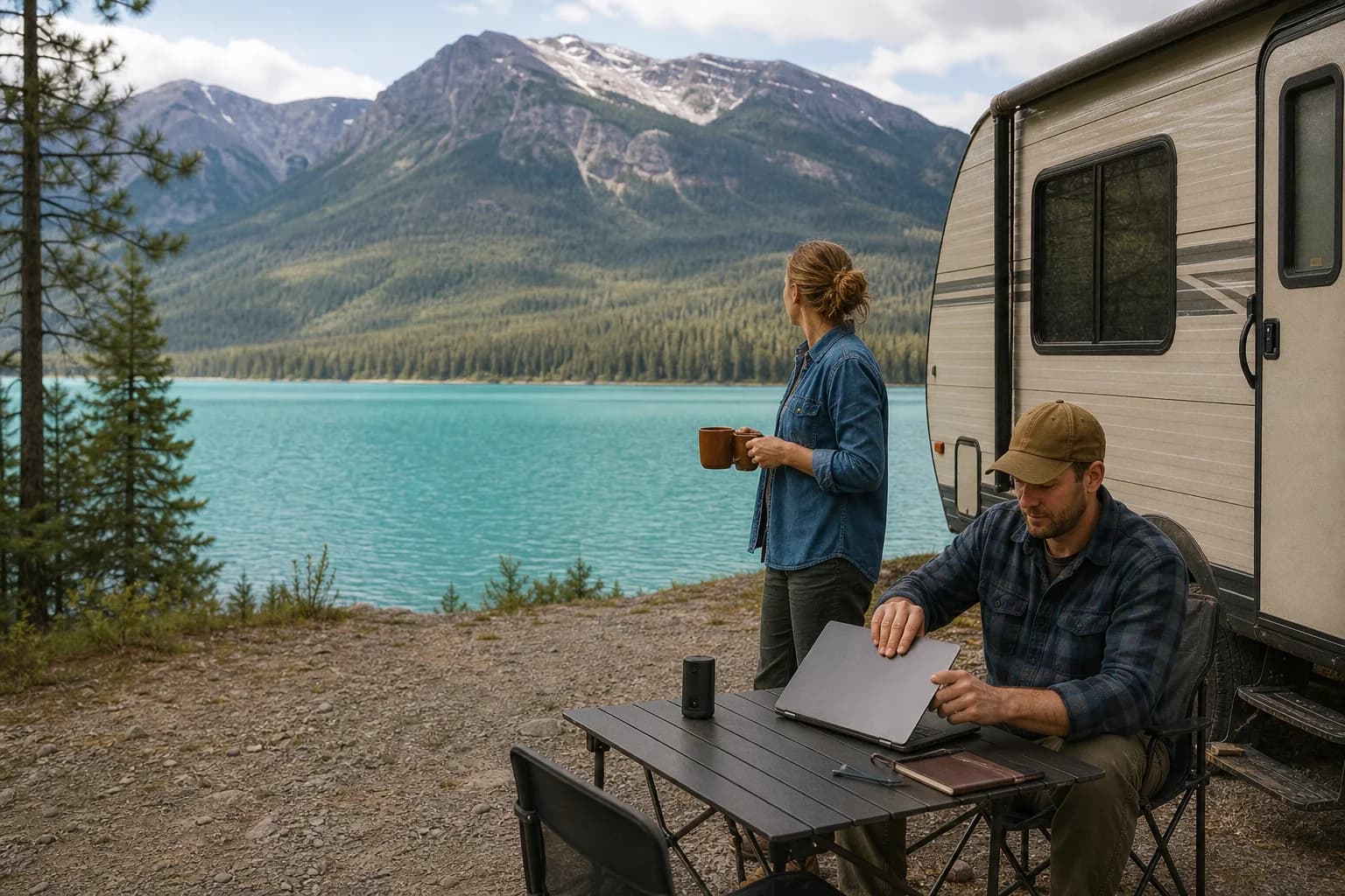 Amelia and Jonah close the laptop and turn toward the turquoise water at Muncho Lake