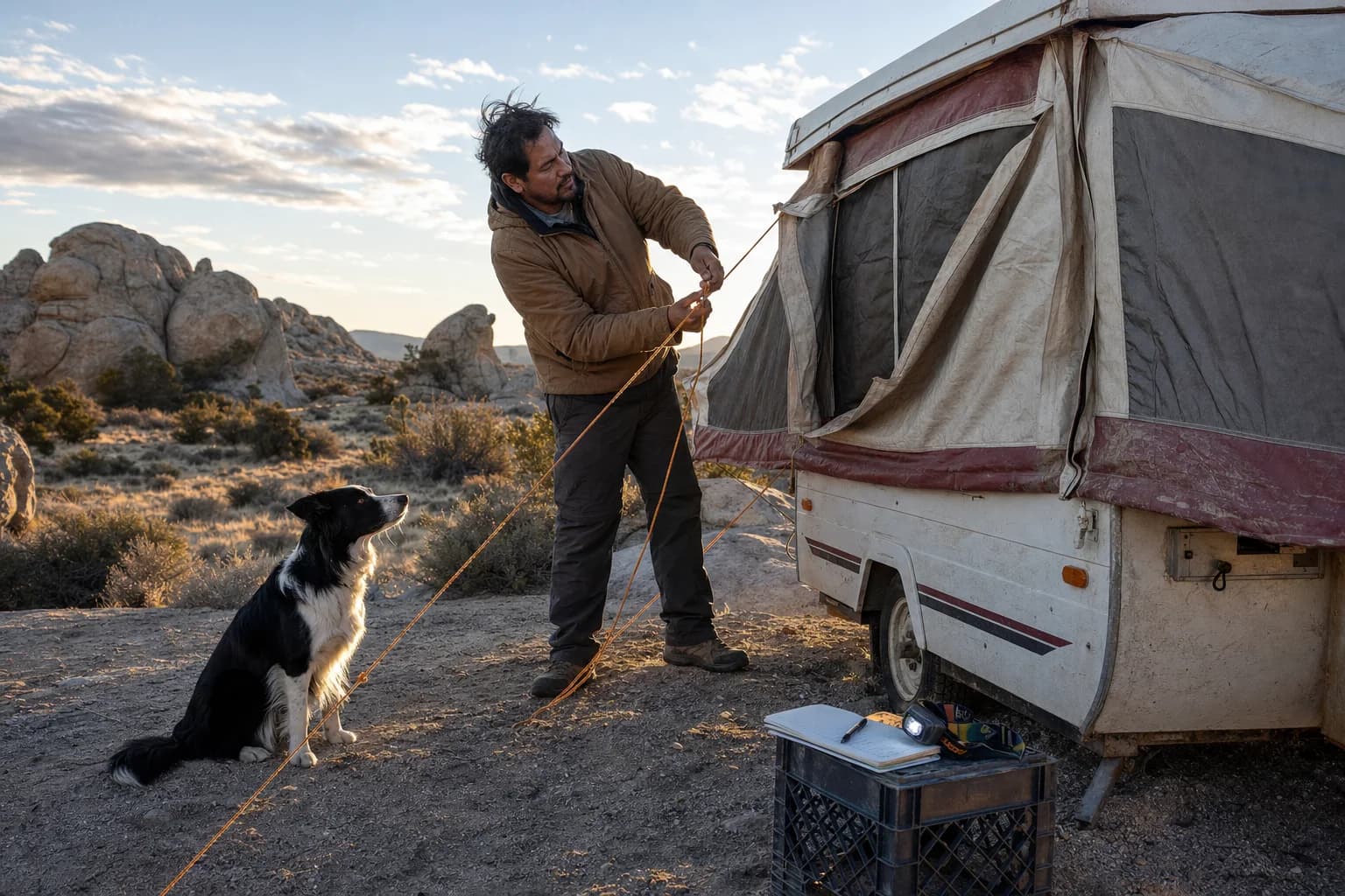 Gabe tightens guy lines on his weathered pop-up camper while Pico watches in the New Mexico desert