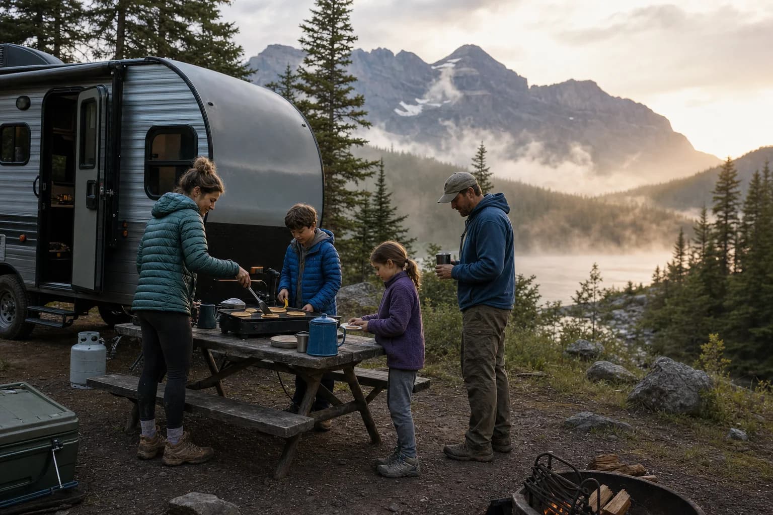 Mara, Ben, Lila, and Owen make pancakes beside their trailer at a misty mountain campground