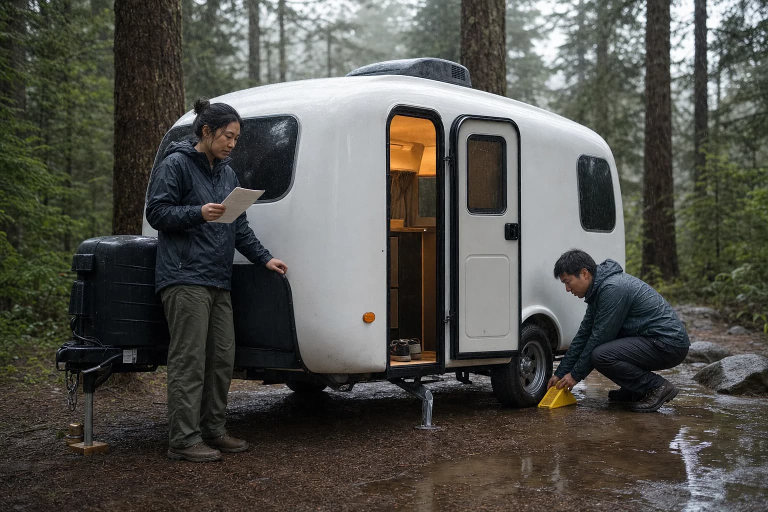 Kim and Ashley follow their hitch checklist while setting up a small fiberglass trailer in the rain