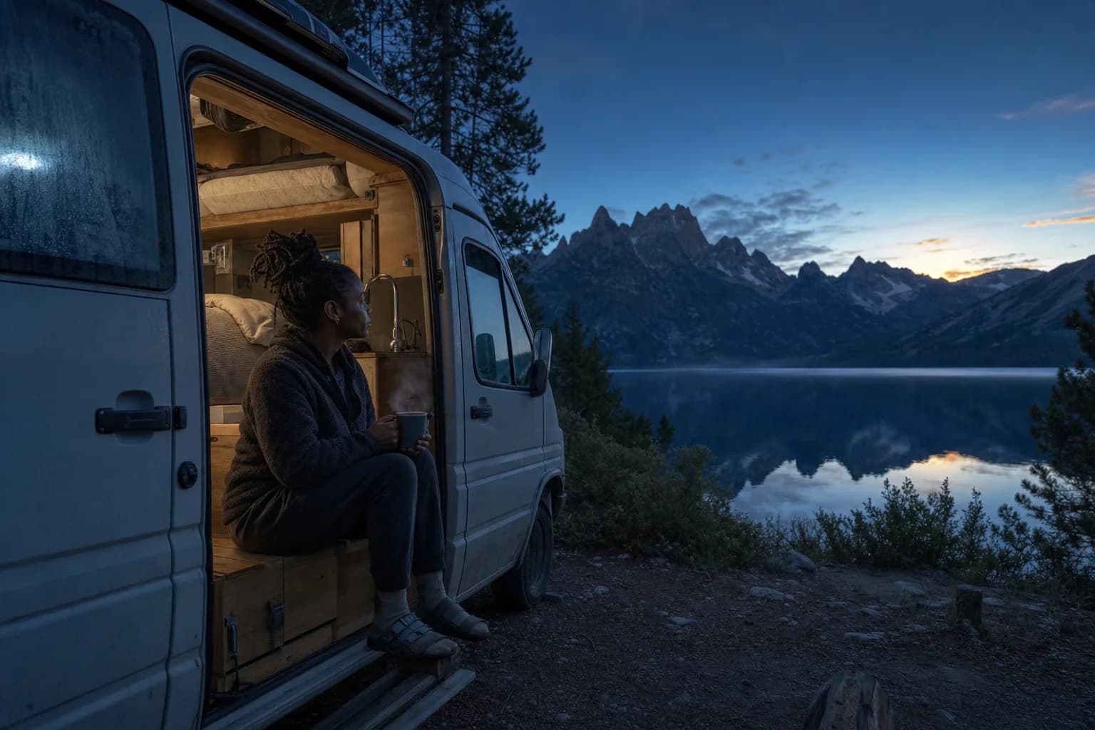 Megan drinks predawn coffee at the door of her camper van as the Tetons emerge above Jenny Lake