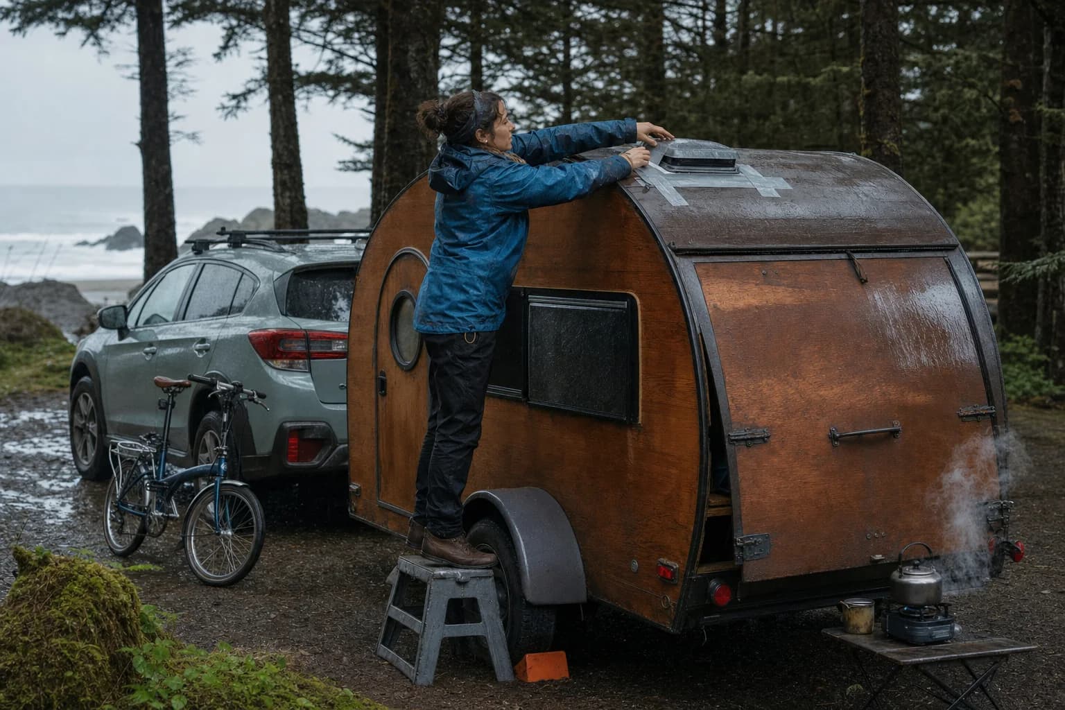 Nora tapes a leaking roof vent on her handmade wooden teardrop trailer at a rainy Oregon campsite