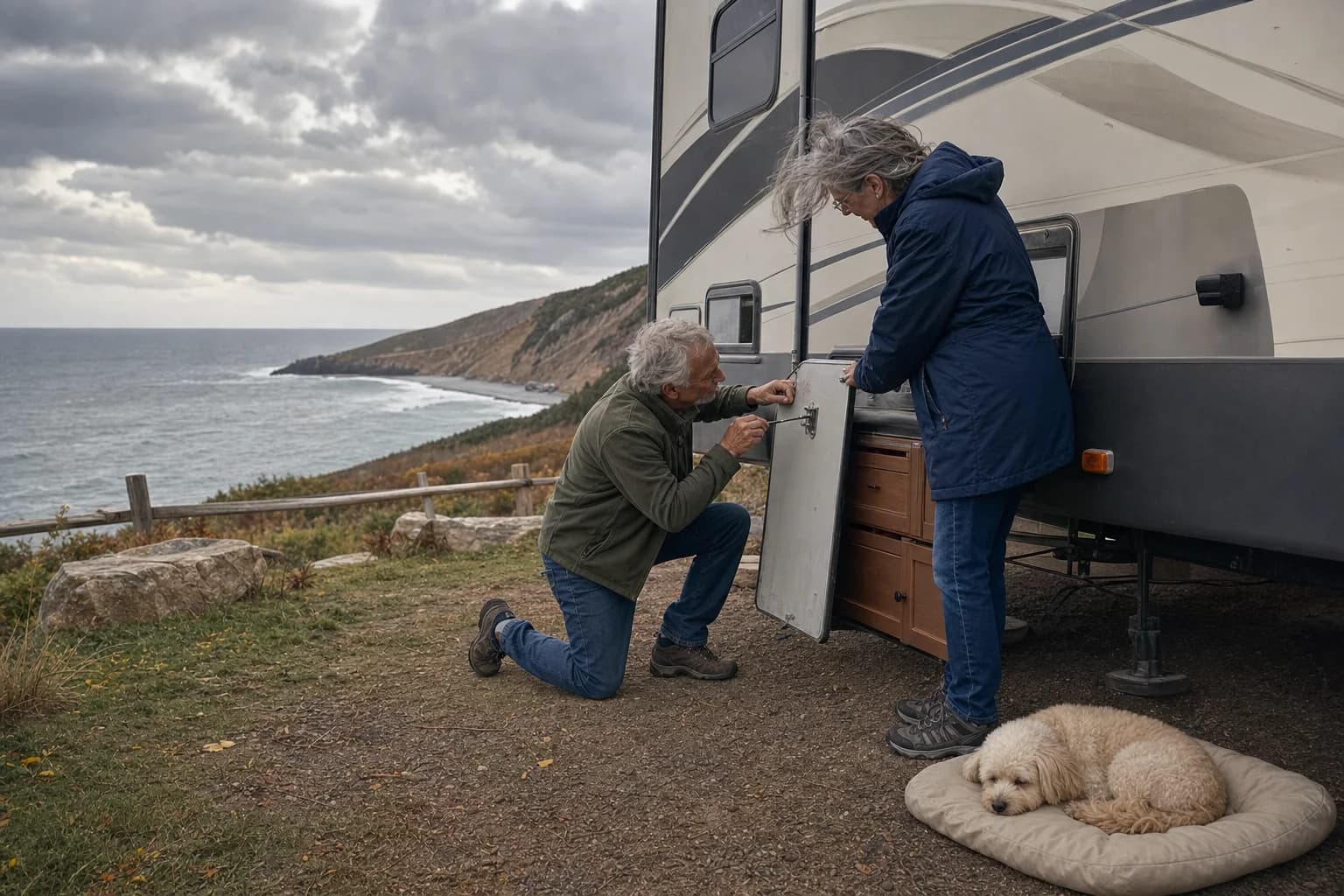 Ruth and Dennis repair an exterior latch on their fifth wheel above the windy Cape Breton coast