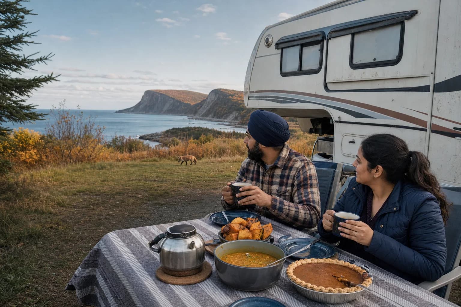 Simran and Harjit share a Thanksgiving meal beside their fifth wheel on the Gaspé coast