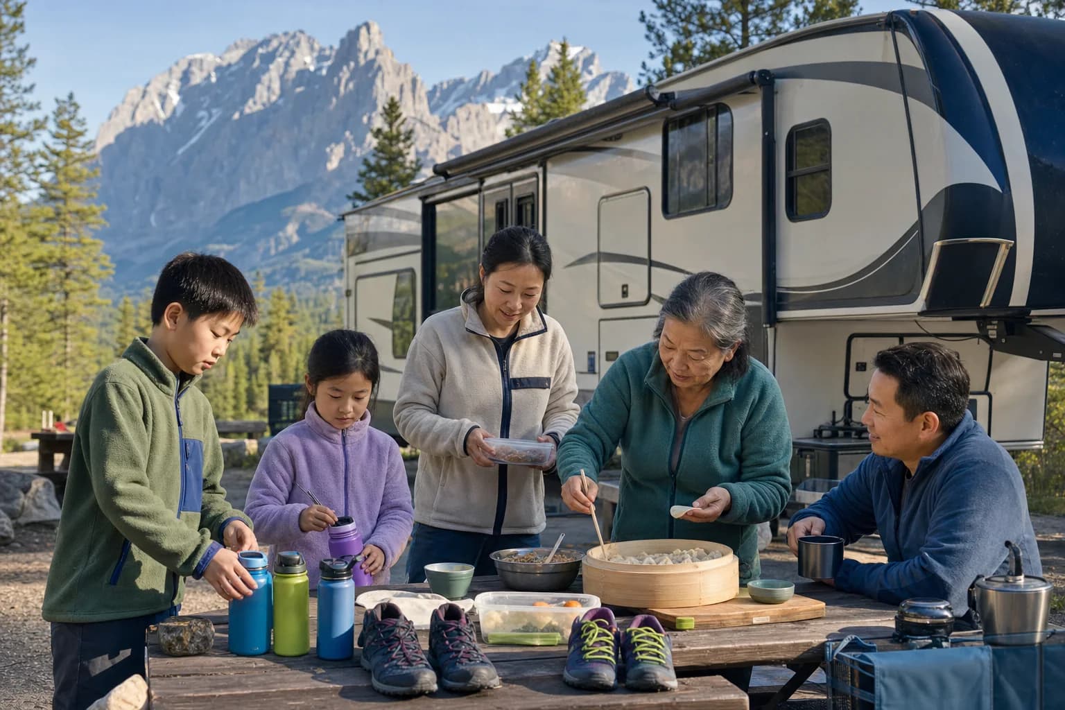 Three generations of the Chen family pack dumplings and trail lunches beside their fifth wheel in Banff