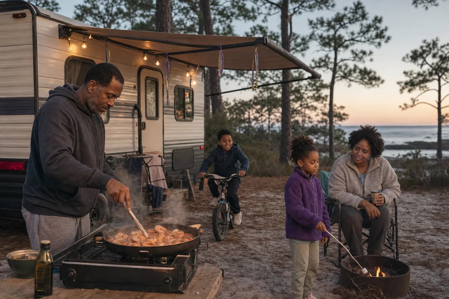 The LeBlanc family cooks shrimp, rides a bike, and toasts a marshmallow at a quiet Gulf campsite