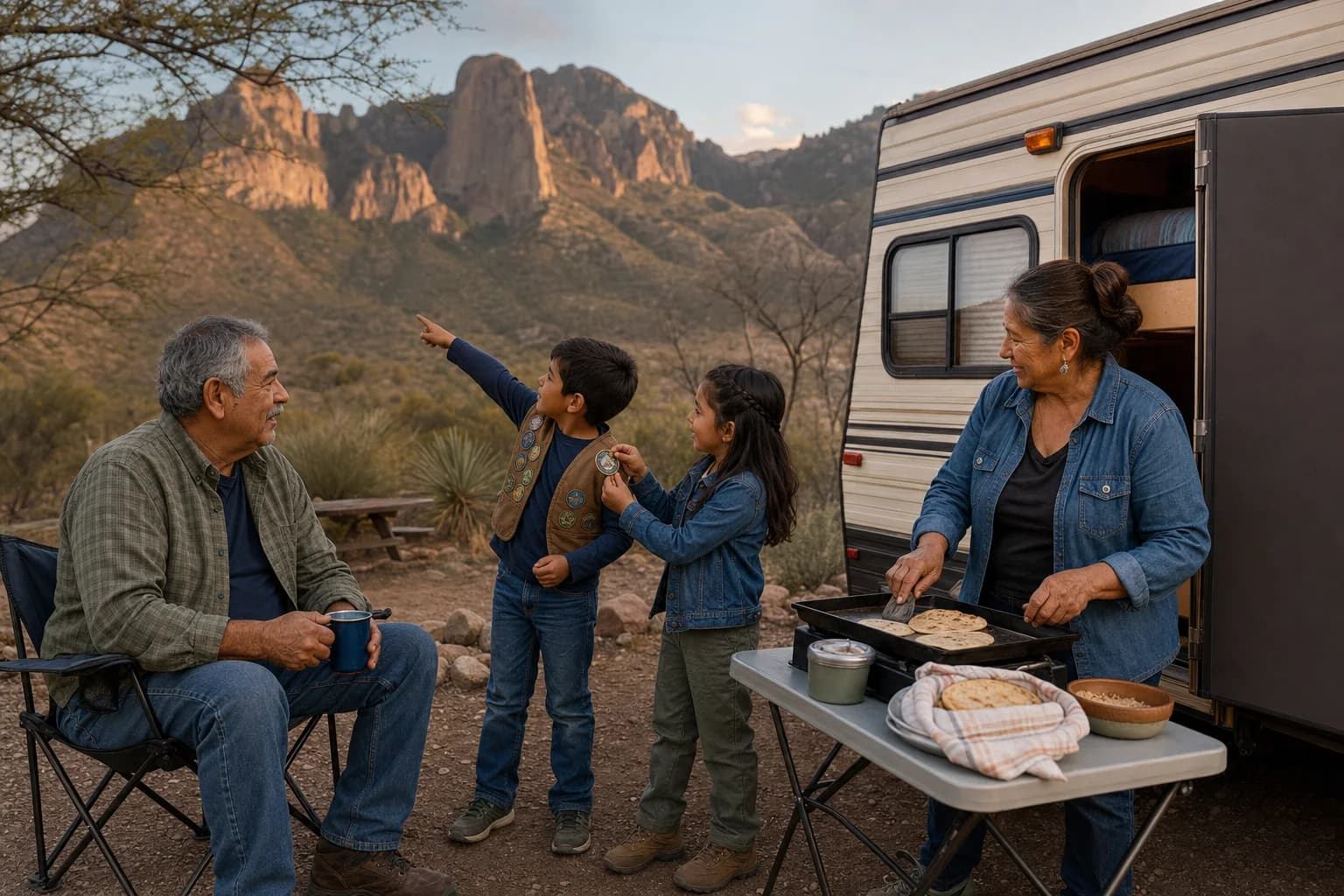 Teresa warms tortillas while Arturo and their grandchildren compare badges beneath the Chisos Mountains
