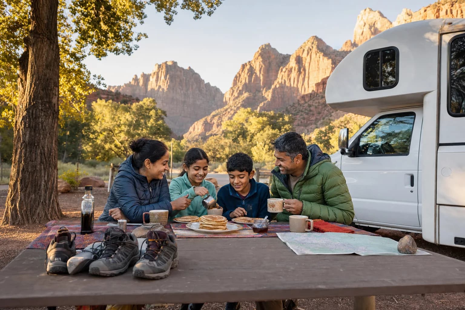 The Patel family shares pancakes and chai beside their motorhome at sunrise in Zion