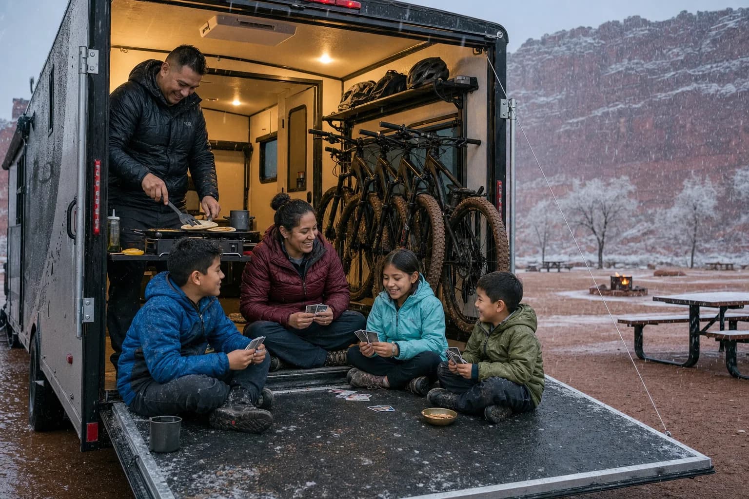 The Ramirez family plays cards and makes quesadillas on their toy hauler ramp beside four muddy bikes