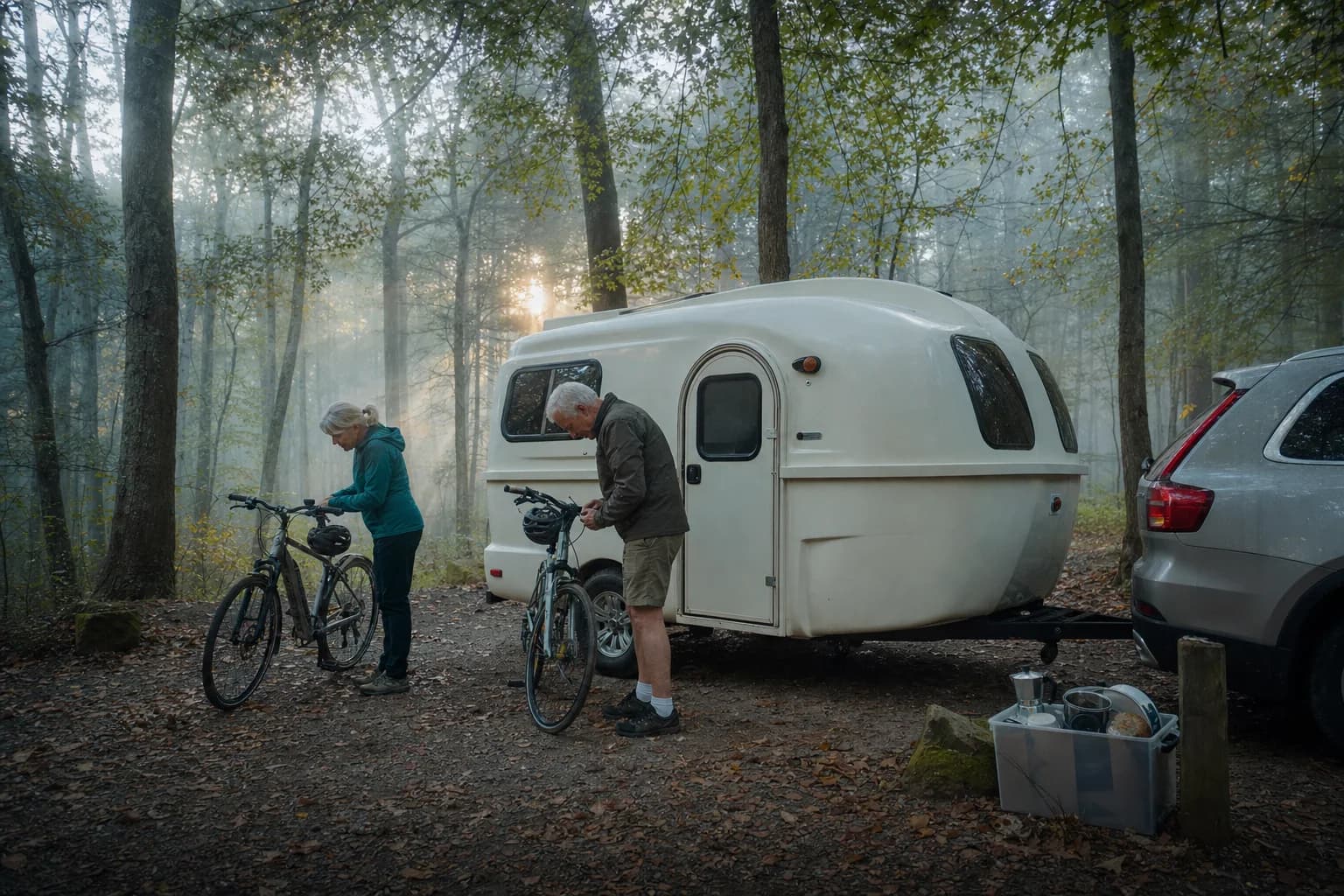 Claire and Matthew ready their bicycles beside a compact fiberglass trailer in a misty Cades Cove campsite