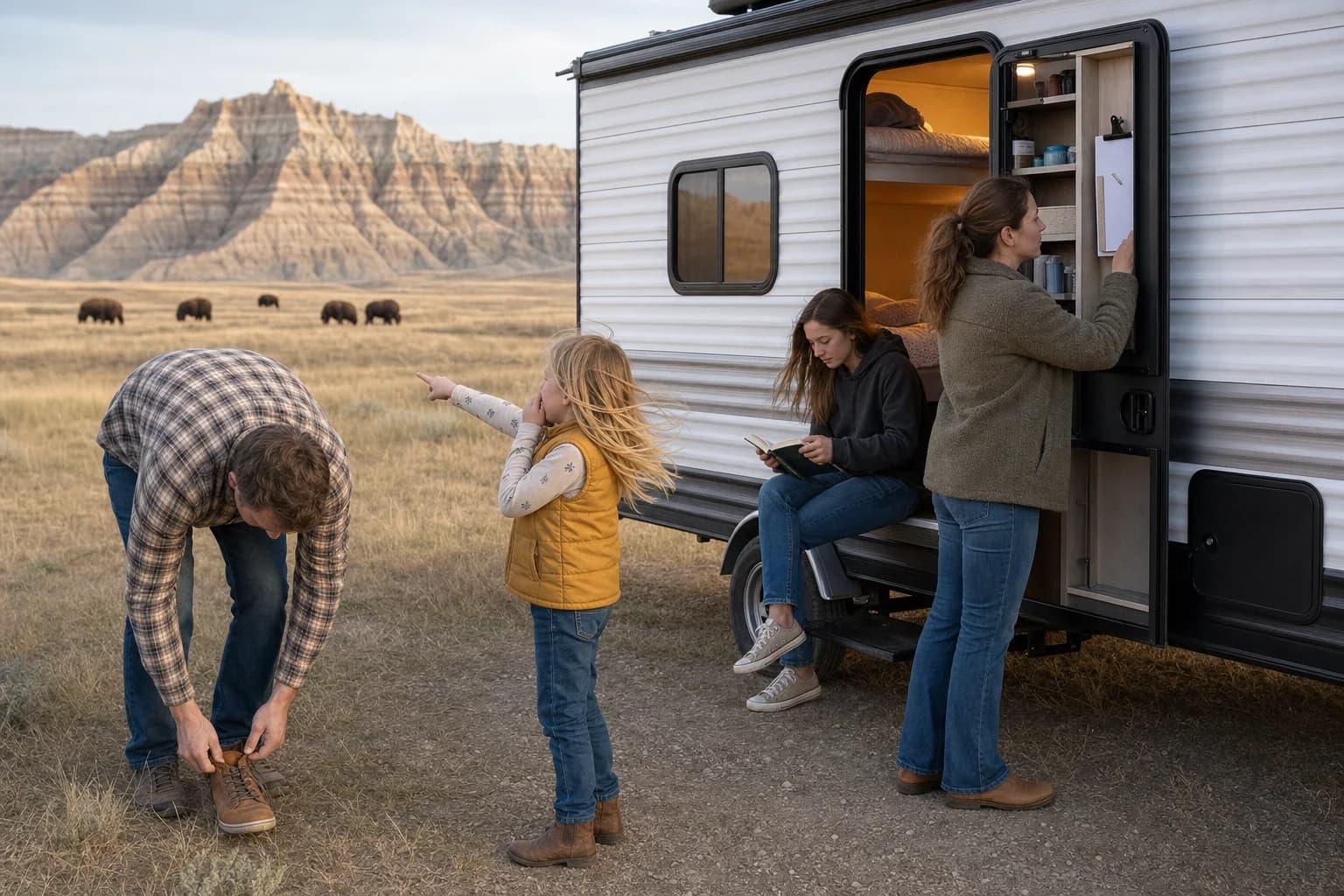 The Thompson family spots distant bison while packing their bunkhouse trailer at Sage Creek