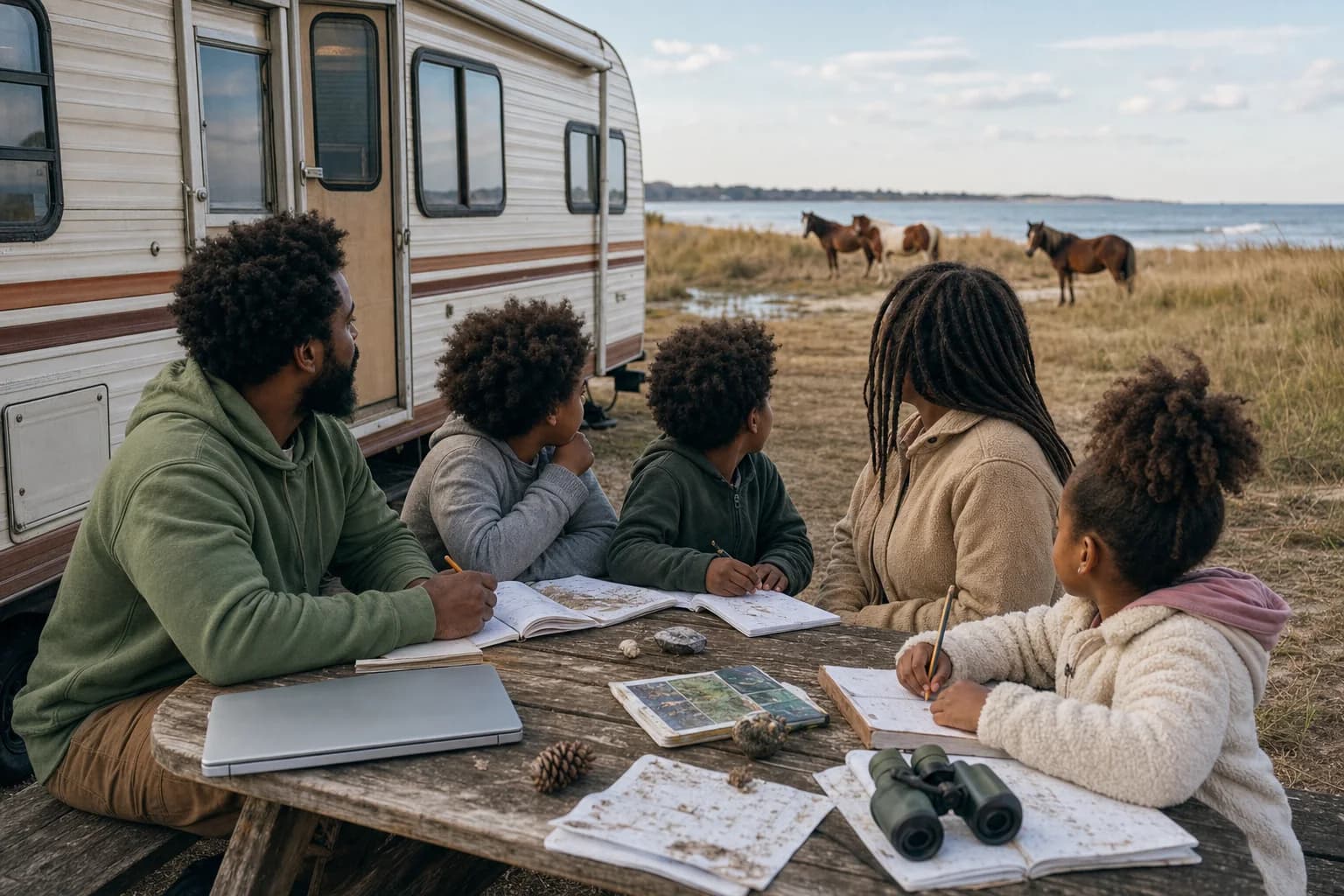 The Walker family's campground schoolwork pauses as wild horses cross the dunes at Assateague