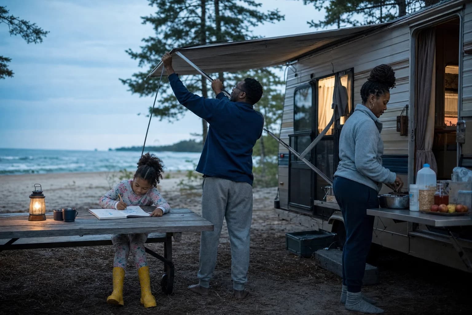 The Williams family secures the awning and maps the Great Lakes beside a windy Lake Superior shore